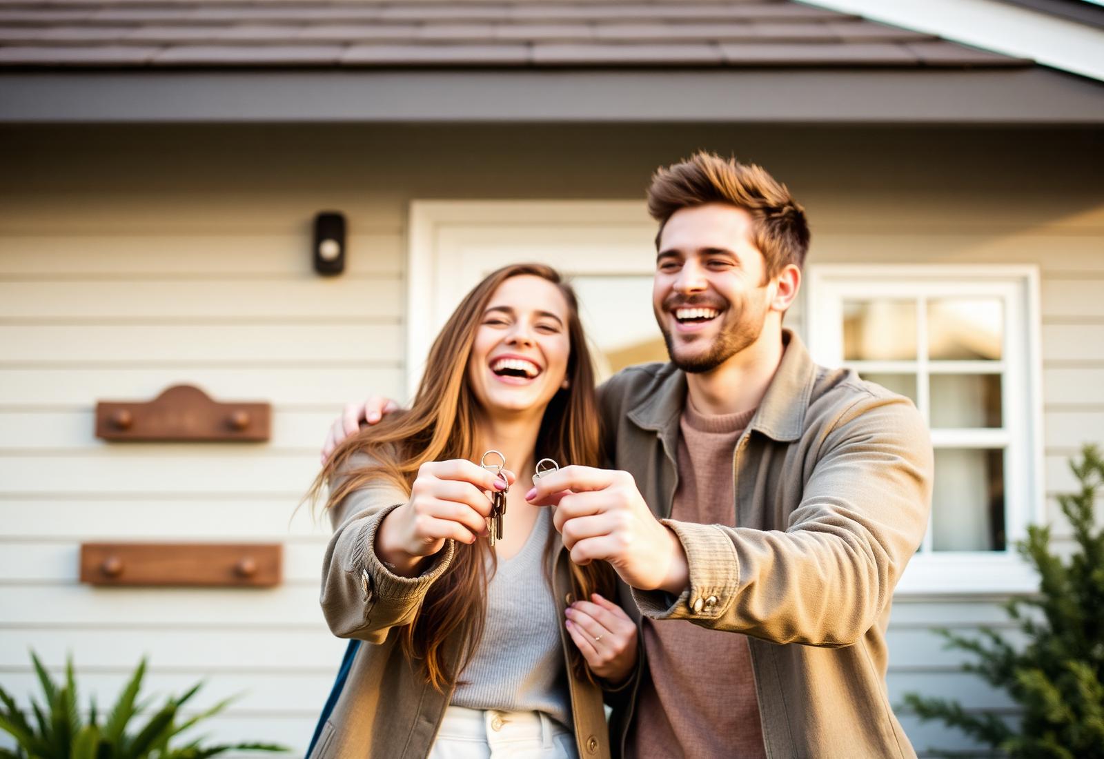 Happy renters holding keys to their new home